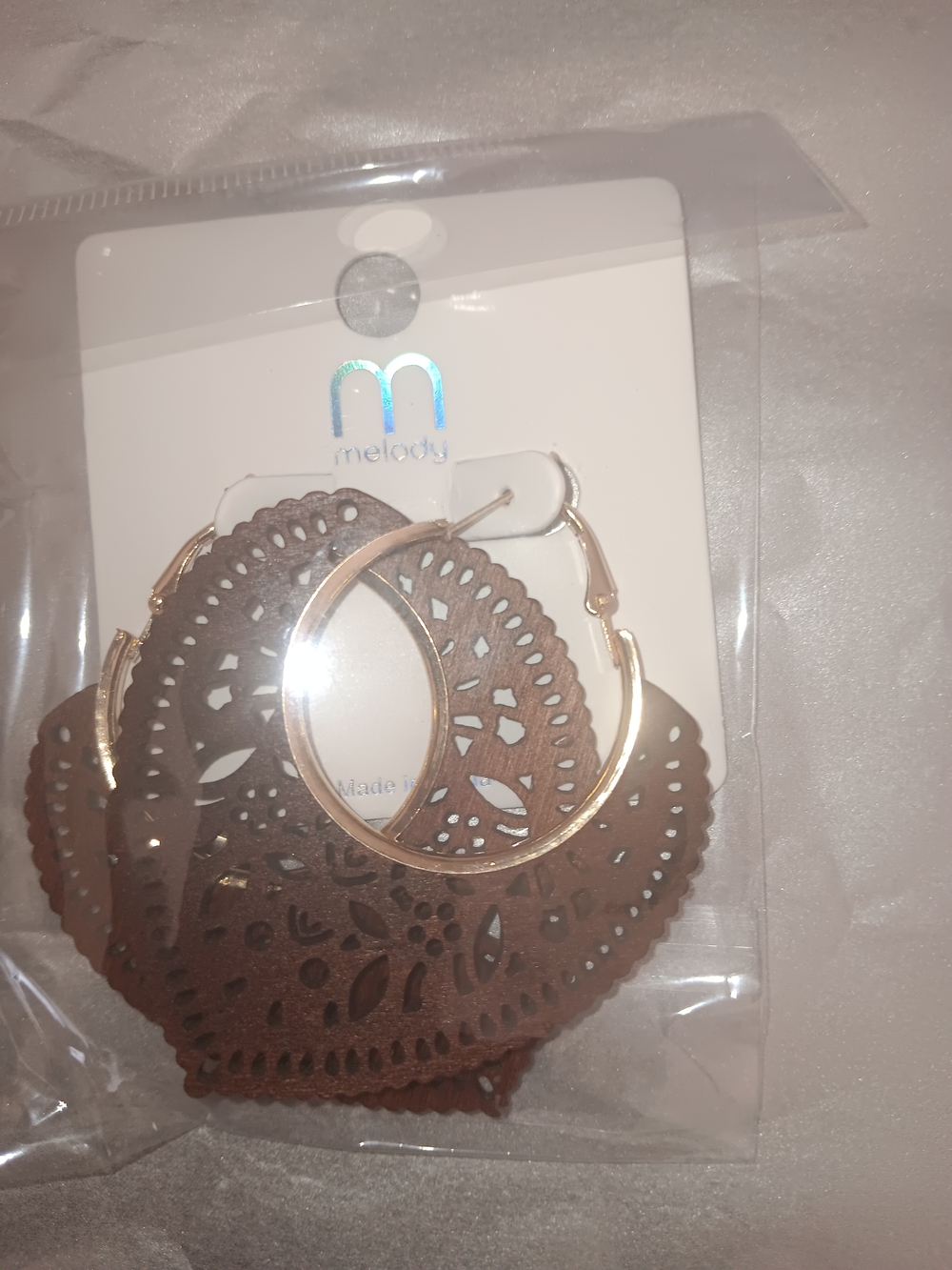 Melody Gold Hoop Earrings with Brown Laser-Cut Leather Drops